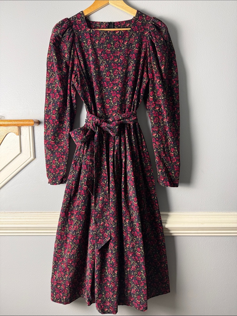 Vintage Laura Ashley Black Dress with Rose Floral Print Beautiful 80s Cordorouy